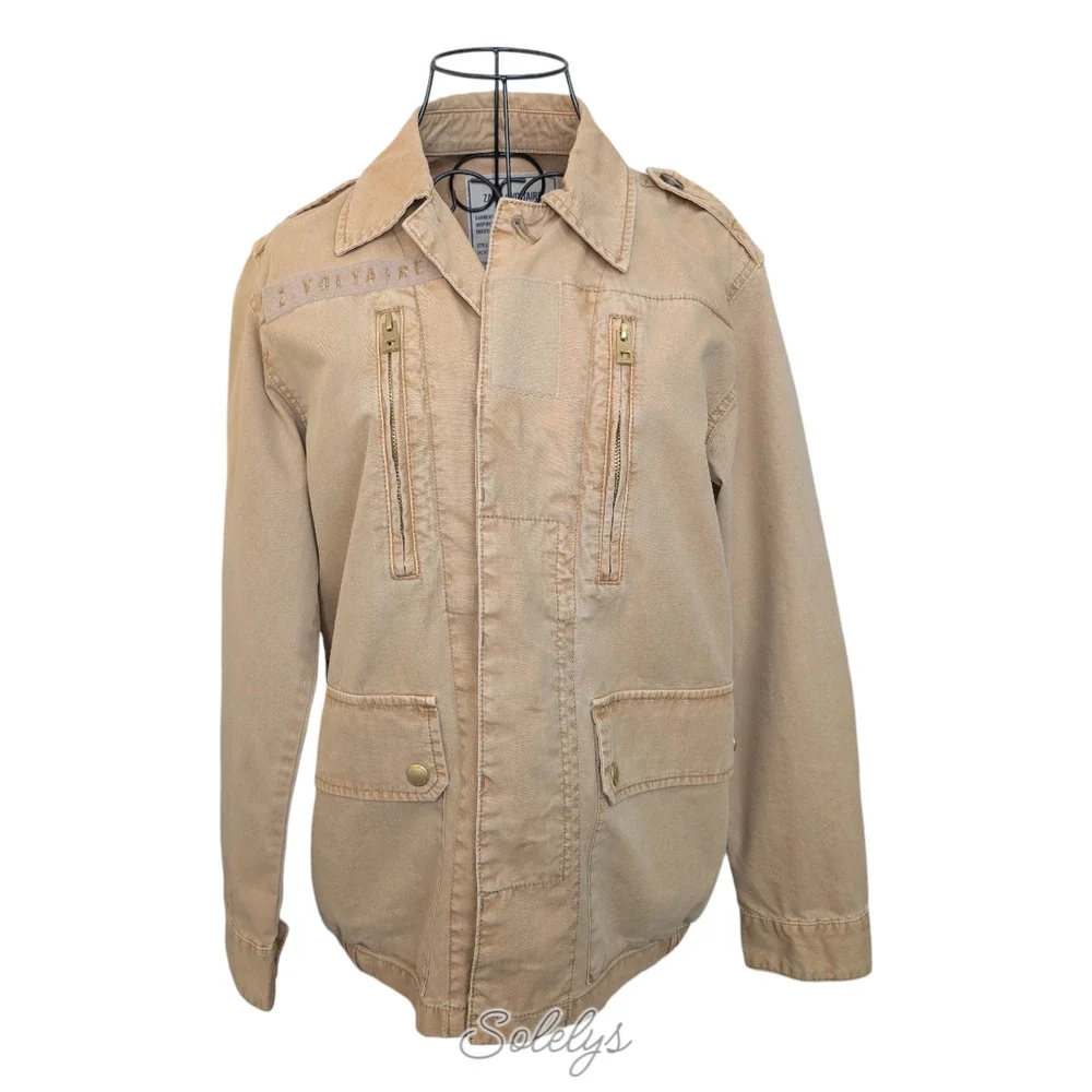 Zadig & Voltaire Kid Good Vibes Stretch Khaki Tan Cotton Utility Jacket Small - Picture 3 of 11